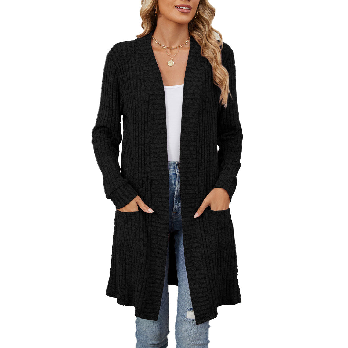 Automne hiver longue couleur unie à manches longues poches lâches Cardigan manteau femmes vêtements