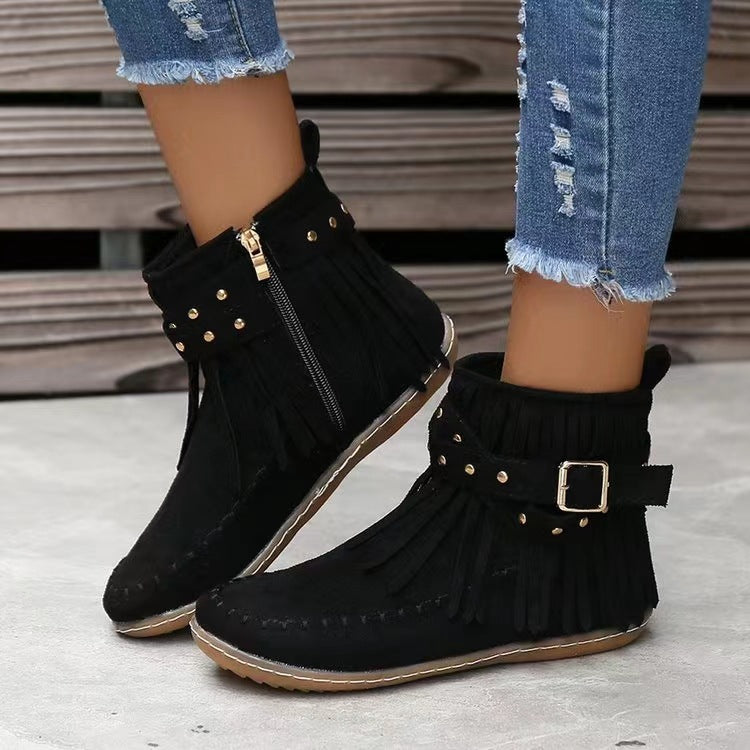 Women Boots Short Boots Autumn Winter Rivet Flat Tassel Boots Women