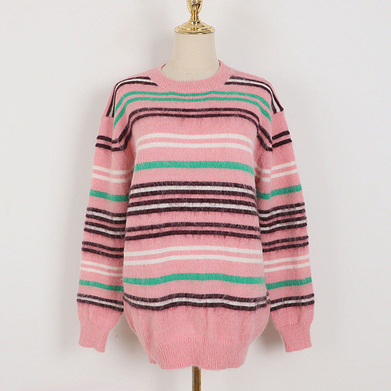 Colorful Striped Mid Length Thick Autumn Winter Korean Contrast Color Idle Loose Knitted Sweater