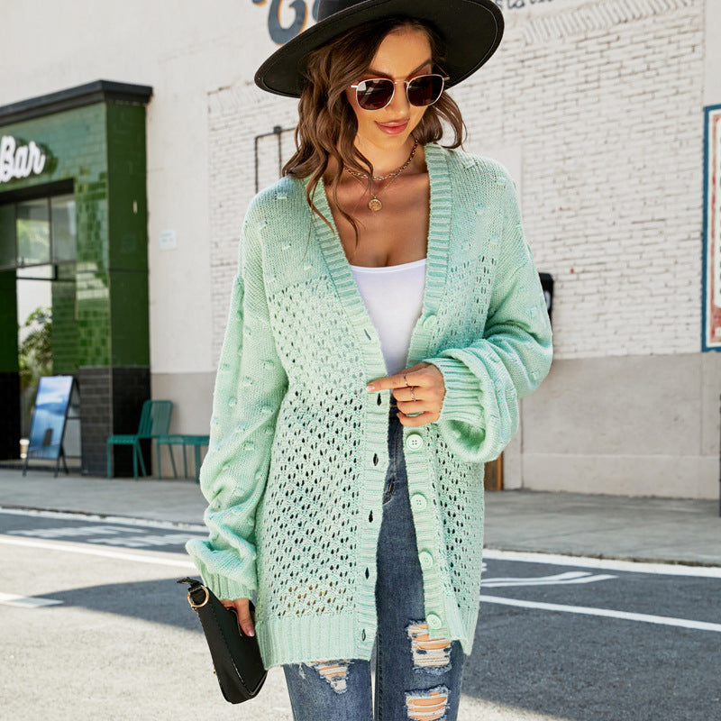 Women Clothing Coat Long Sleeve Hollow Out Knitted Cardigan V neck Mid Length Cardigan Sweater