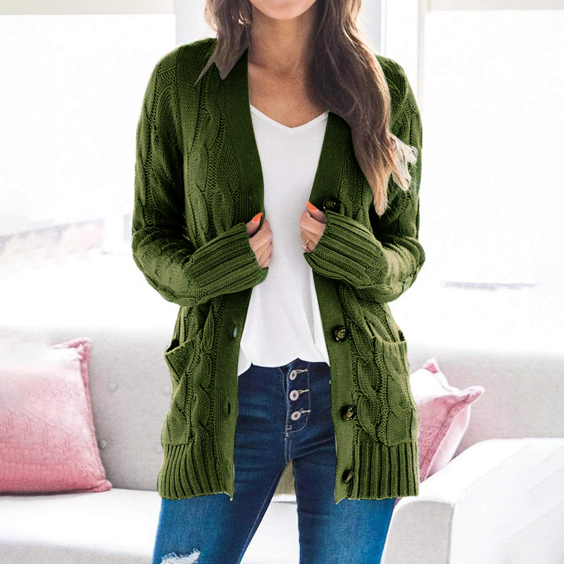 Cardigan en tricot à manches longues et col en V pour femme, décontracté, automne et hiver