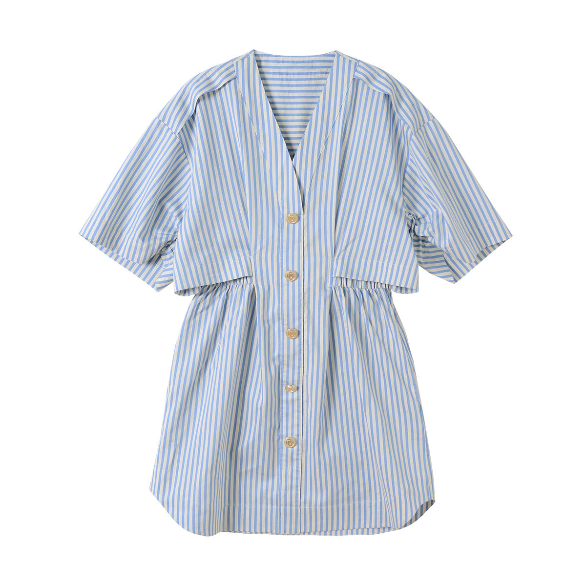 Summer New Retro Navy Style V-neck Short Sleeve Deconstructed Striped Shirt Dress