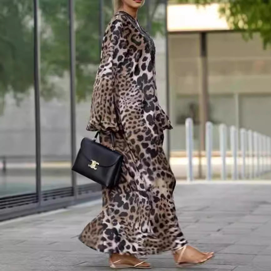 Vestido holgado de manga larga con estampado de leopardo para otoño