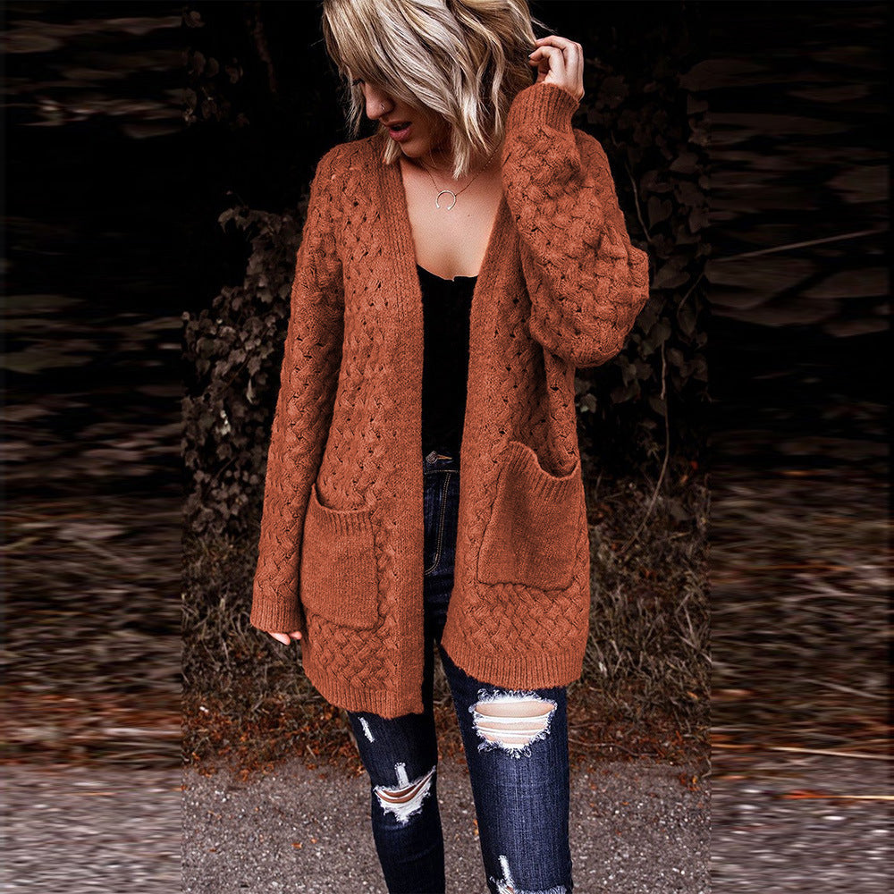 Brown Pocket Cardigan Sweater Women Arrival Mid Length Cardigan Coat