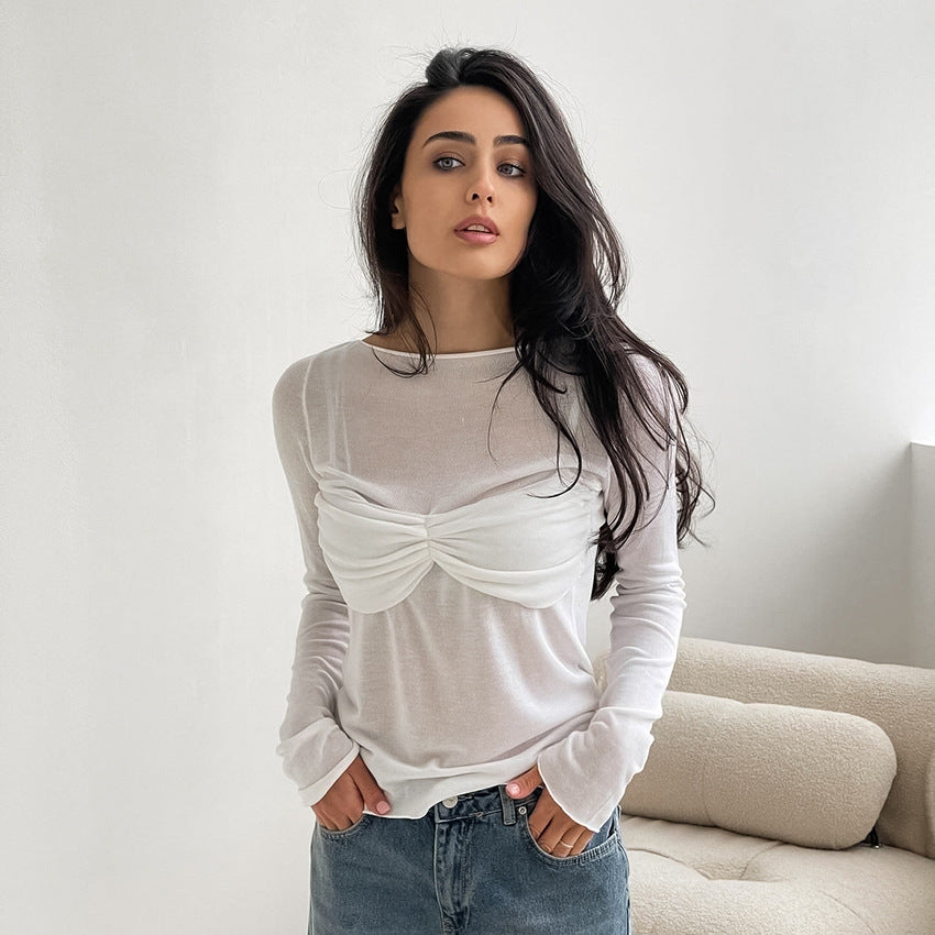 Autumn Winter Casual Elegant Micro Transparent Sexy Slim Knitted round Neck Long Sleeve Office T shirt All Matching Top White