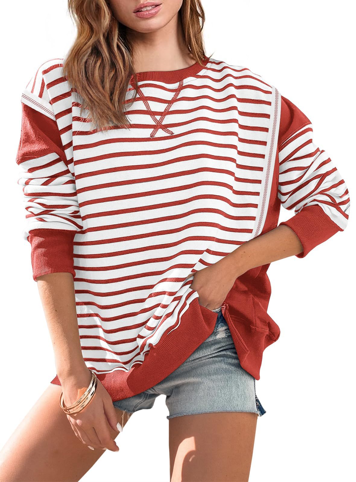 Women Clothing Women Multicolor Hoodie Striped Color Contrast Long Sleeve T Shirt