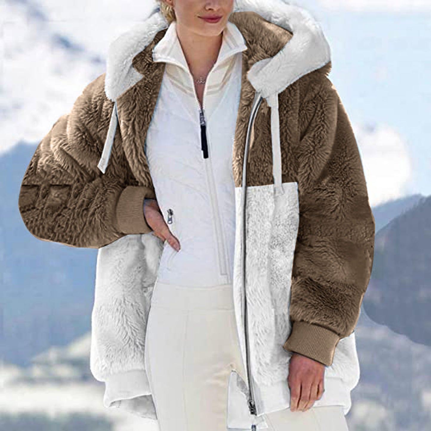 Manteau à capuche en peluche à fermeture éclair pour femme, ample, assorti, automne et hiver