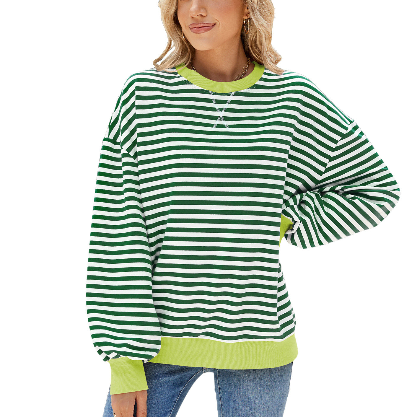 Autumn Winter Striped Round Neck Contrast Color Loose Long Sleeve Sweatershirt Coat Women