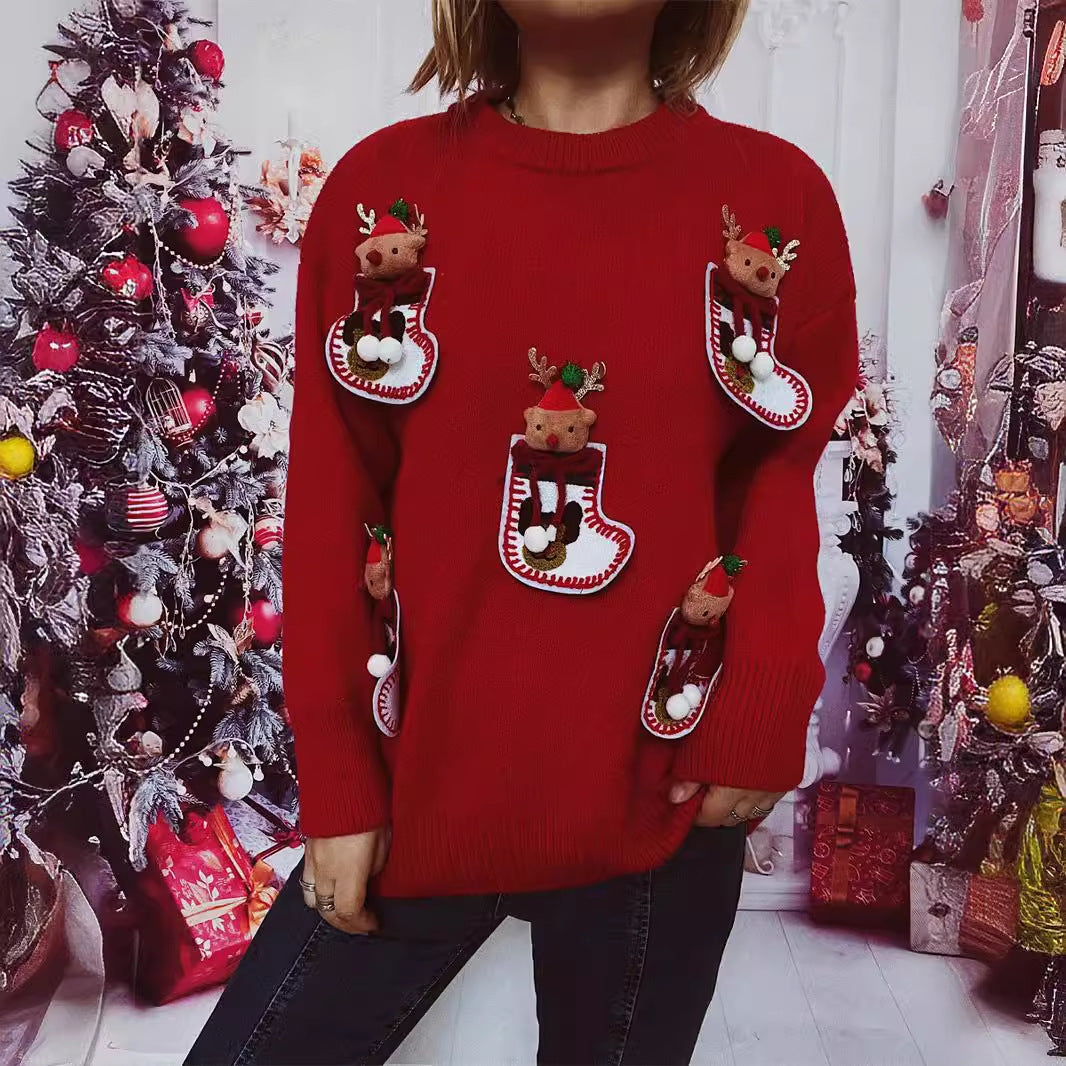 Autumn Winter Christmas Sweater Handmade Finish Christmas Stockings Elk Sweater Pullover Women