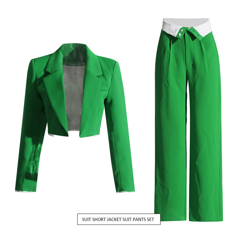 Autumn Casual Short Blazer Women Flanging High Waist Straight Pants Suit Two Piece Set