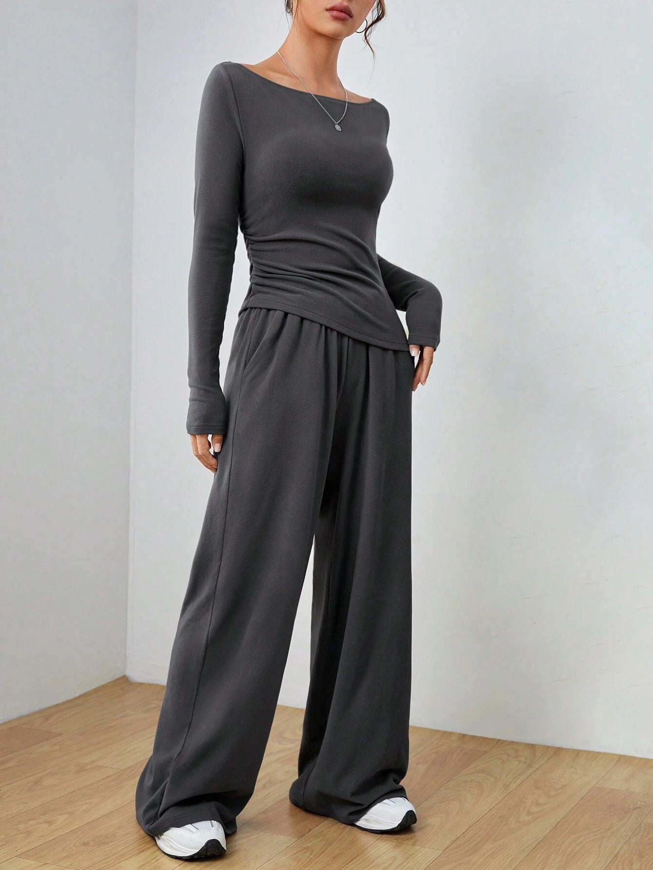 Autumn Winter Solid Color Long Sleeve Casual Wide Leg Trousers Two Piece Set Women Clothing