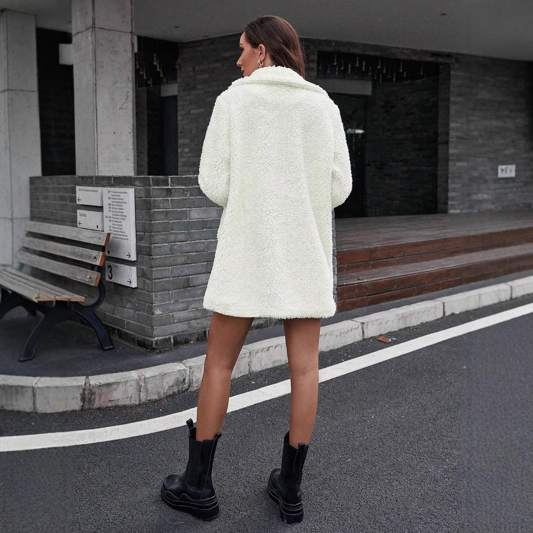 Women Clothing Winter Long Sleeve Collared Button Wool like Furry Coat