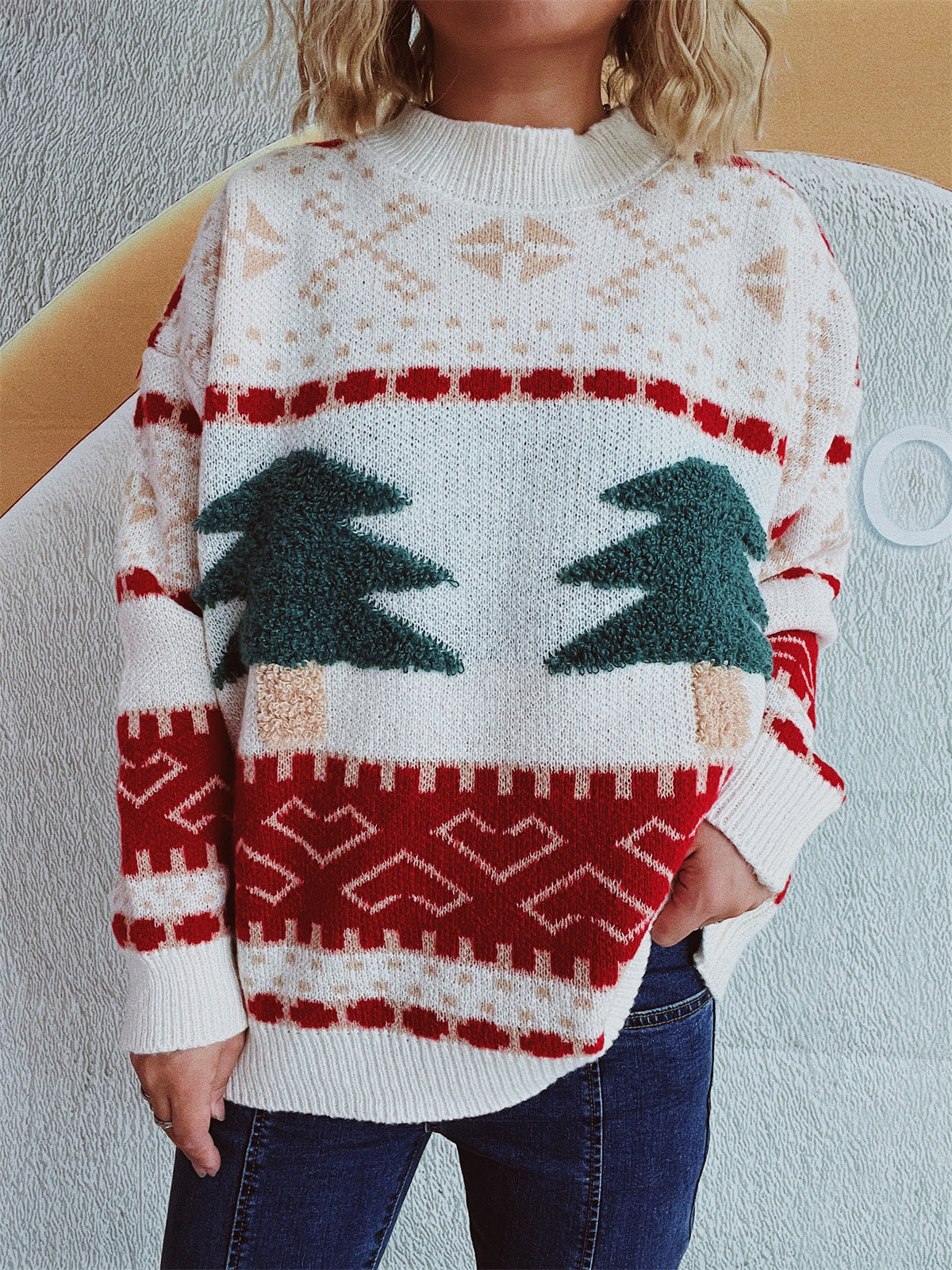 Christmas Sweater Women Casual round Neck Knitted Christmas Tree Cartoon Jacquard Holiday Year Sweater