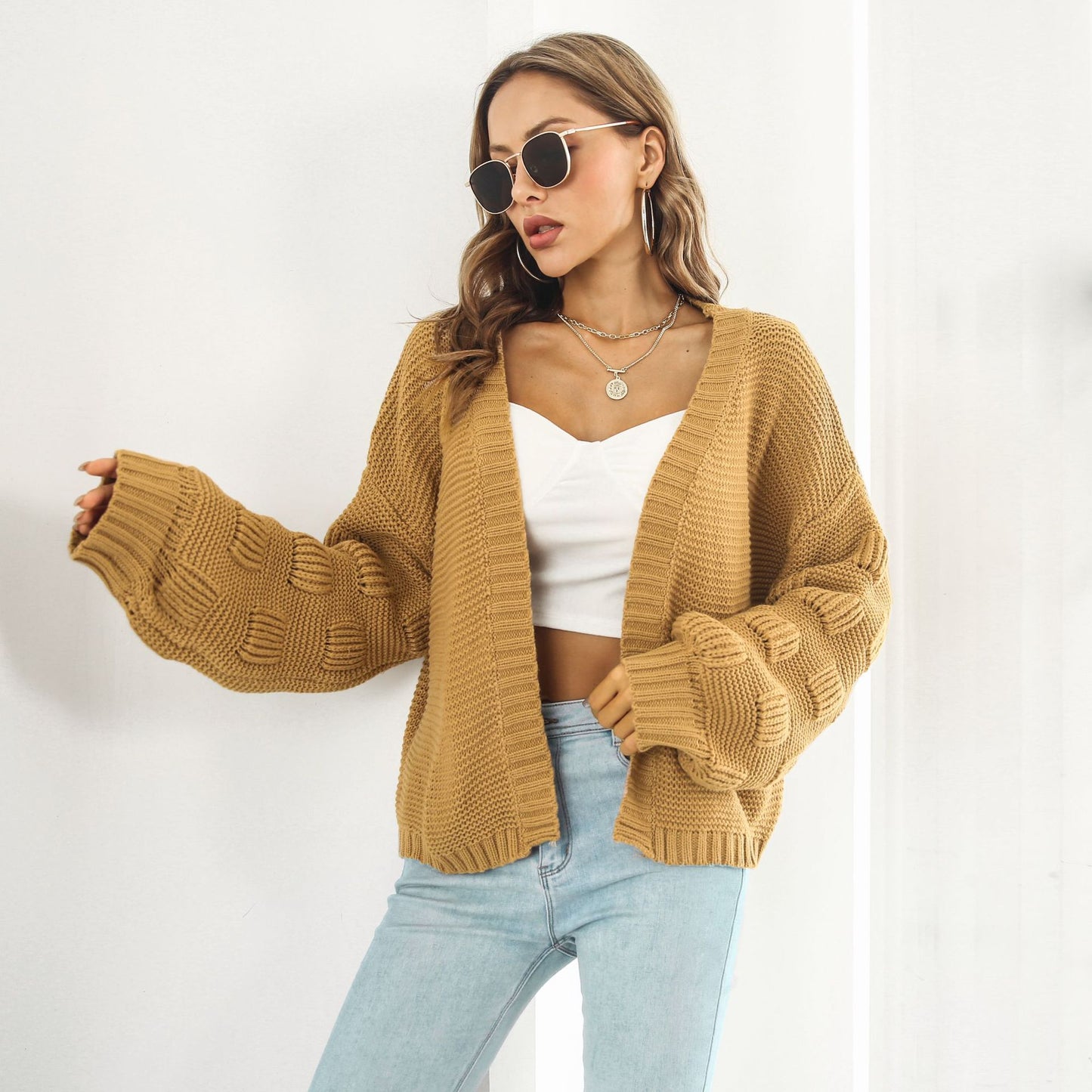 Three Dimensional Bubble Lantern Sleeve Loose Knitted Sweater Cardigan Coat Women Autumn Winter Women Sweater