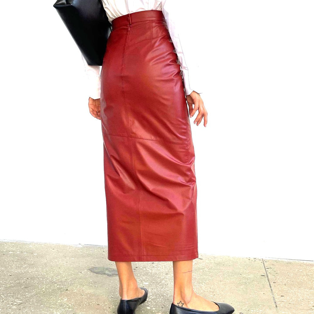 Women Clothing Autumn High Waist Slim Fit Slit Skirt Irregular Asymmetric Leather Skirt