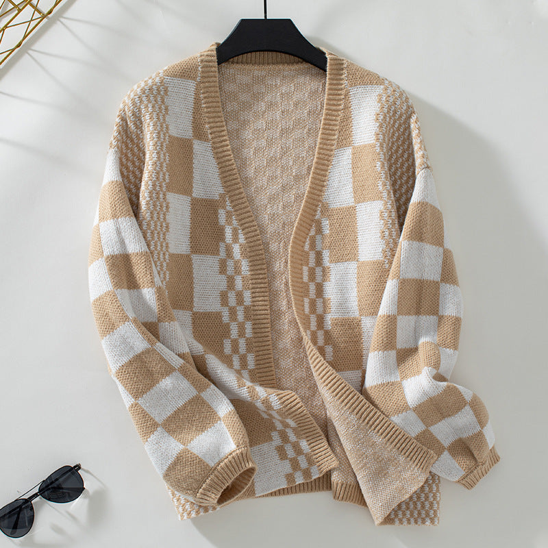 Contrast Color Check Women Sweater Autumn Winter Casual Loose Lantern Sleeve Knitted Cardigan