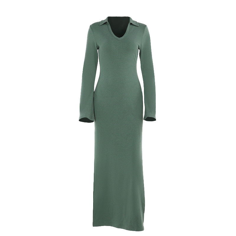 Robe de bureau d'automne slim col en V fendue à manches longues pour femmes