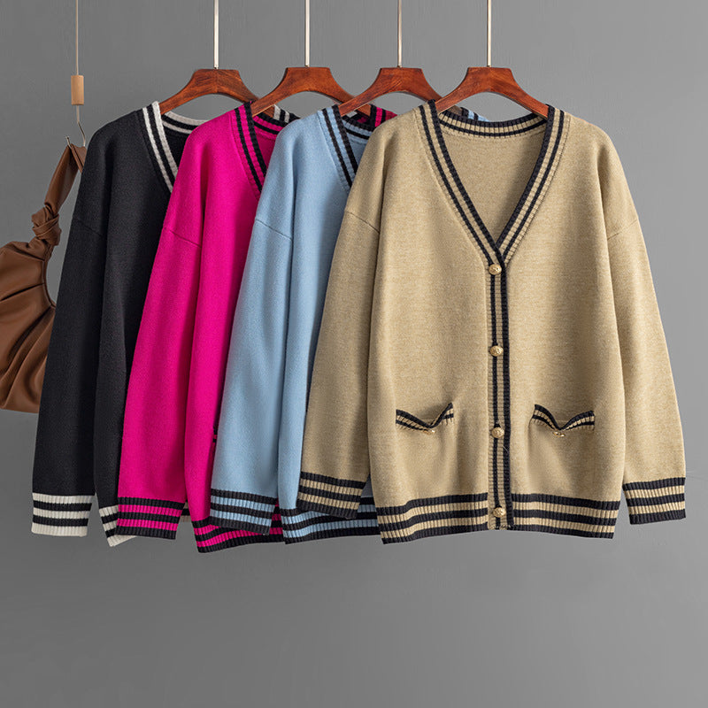 Automne Hiver Contraste Couleur Pull Cardigan Manteau Lâche Col V Mi-Longueur Tricot Haut Femmes Vêtements