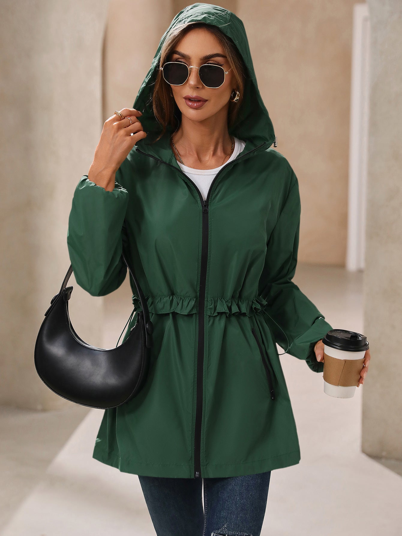 Producto superior de otoño e invierno para mujer, chaqueta impermeable a prueba de lluvia, abrigo elegante con capucha y bolsillos