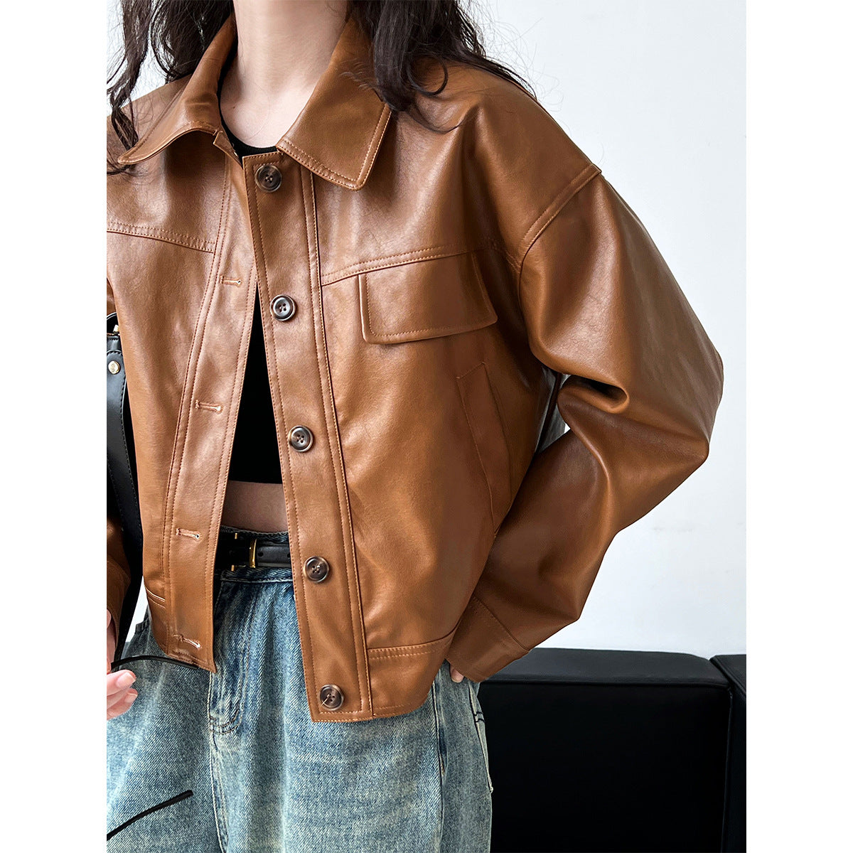 Manteau en Faux cuir pour femmes, à la mode, élégant, profil marron, revers d'automne, veste courte de moto