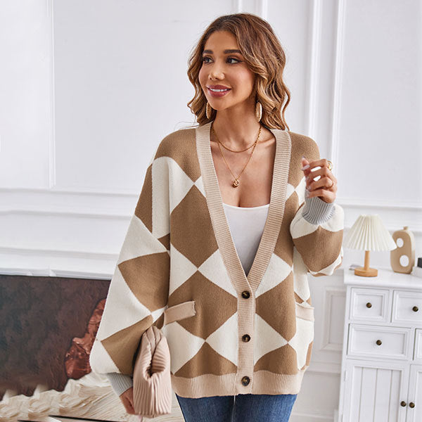 Winter V Neck Geometric Abstract Stitching Contrast Color Knitted Cardigan Casual Loose Jacket Women