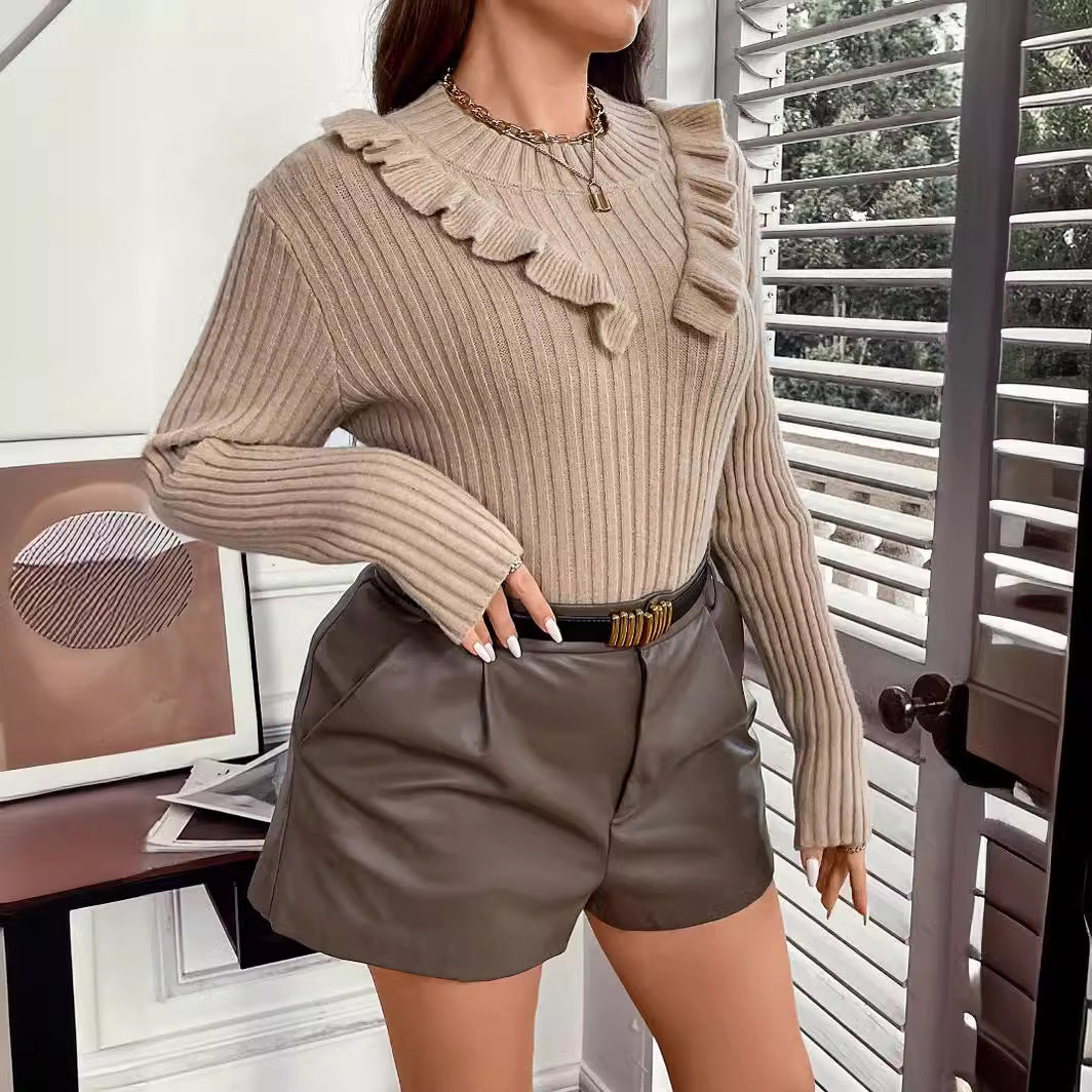 Sweater Autumn Winter Women Clothing Round Neck Sweater Striped Lace Collar Top