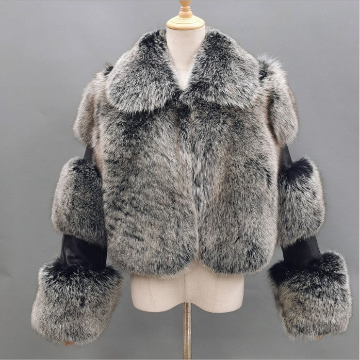 Haining Fur Coat Women Clothing Faux Fur Women Coat Collared Patchwork Artificial Fur