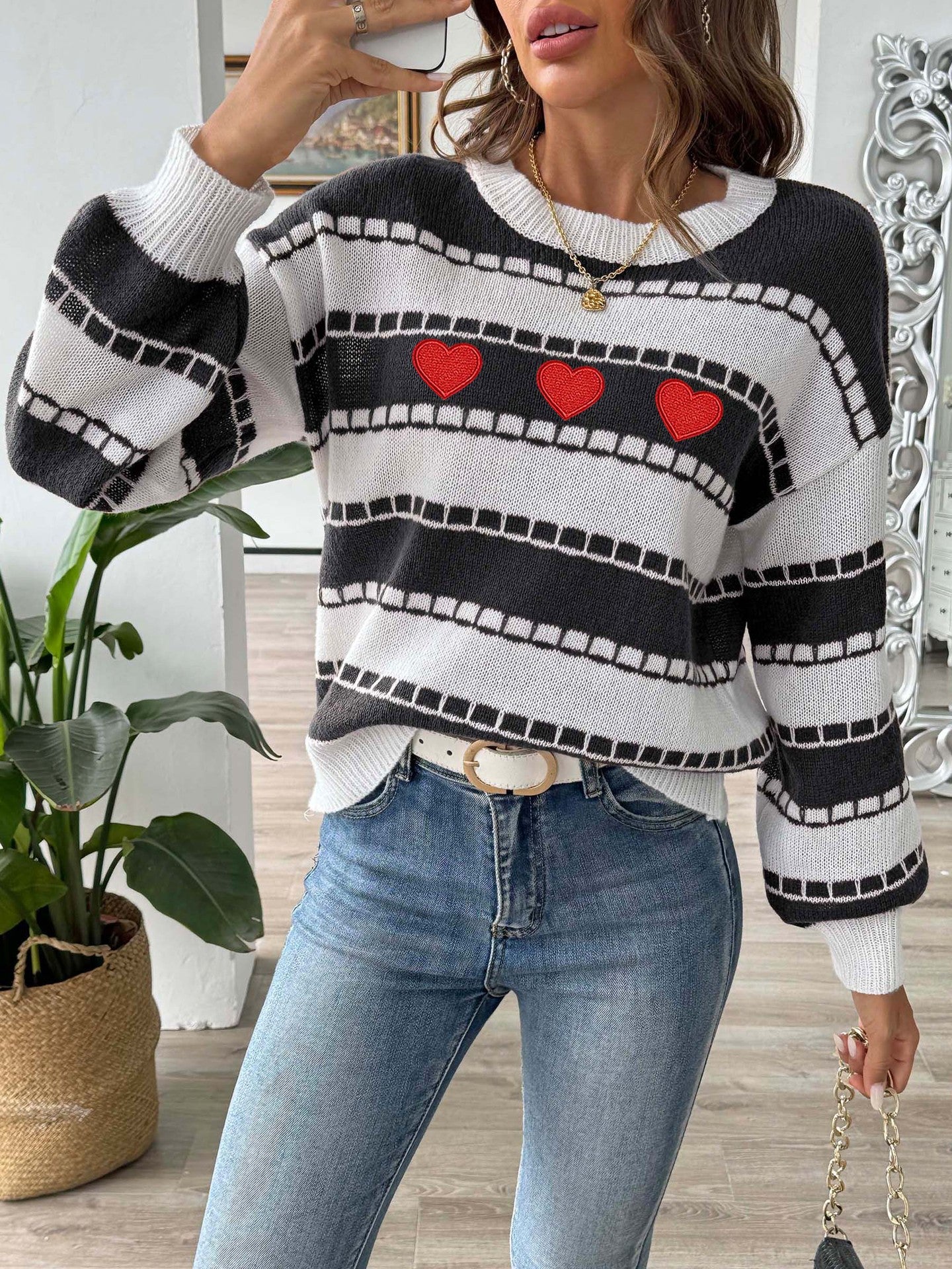 Women Sweater Bottoming Shirt Color Contrast Patchwork Striped Color Block Embroidery Love Stickers Sweater