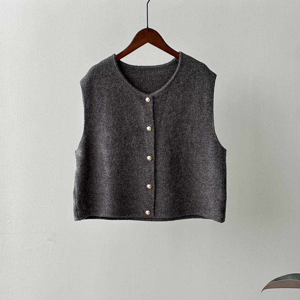 Gentle Single Breasted round Neck Knitted Vest Women Winter Loose Waistcoat Top