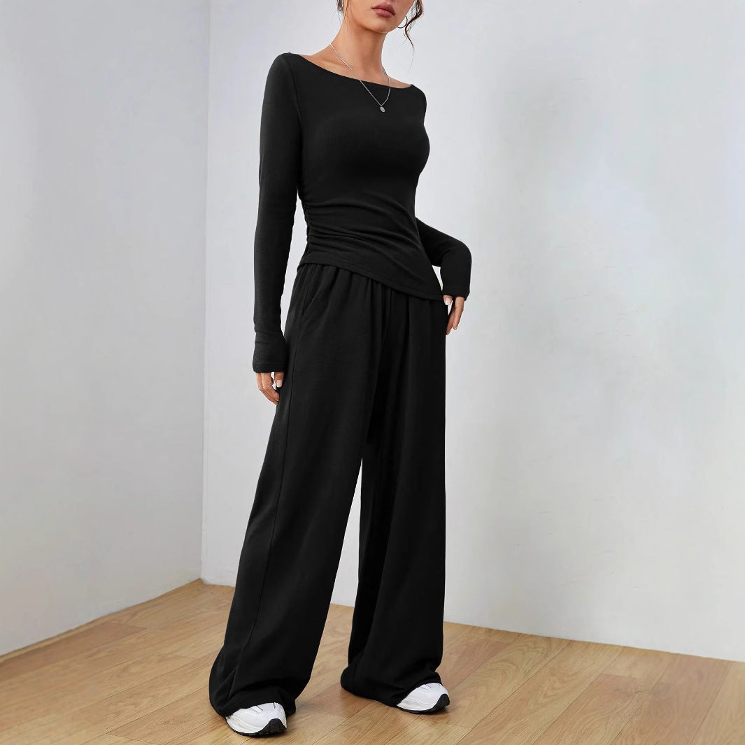 Autumn Winter Solid Color Long Sleeve Casual Wide Leg Trousers Two Piece Set Women Clothing