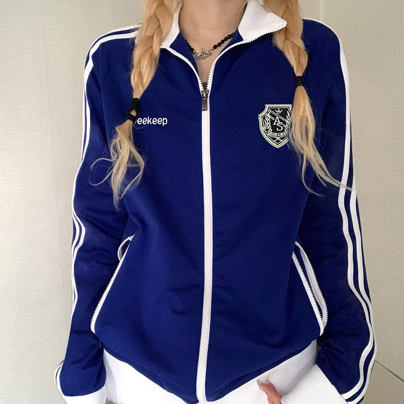 Chaqueta deportiva de punto con solapas y cremallera de color en contraste para otoño, de manga larga y con costuras de cinta