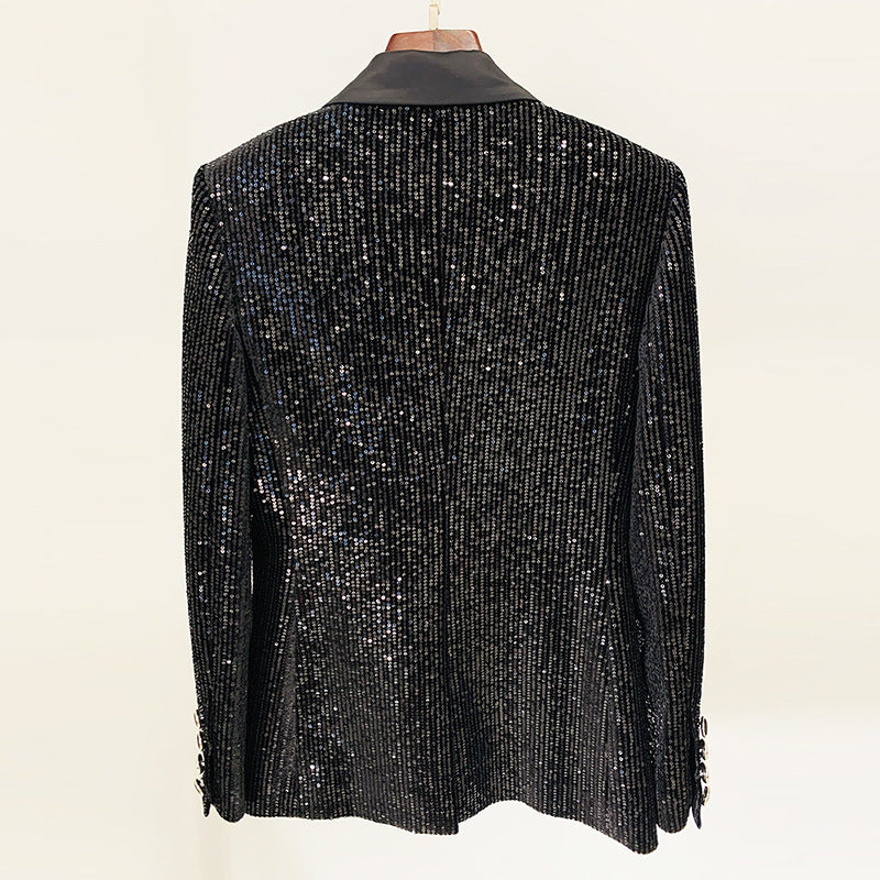 Goods Gold Velvet Sequined Double Breasted Blazer Slim Fit Skinny Pants Suit