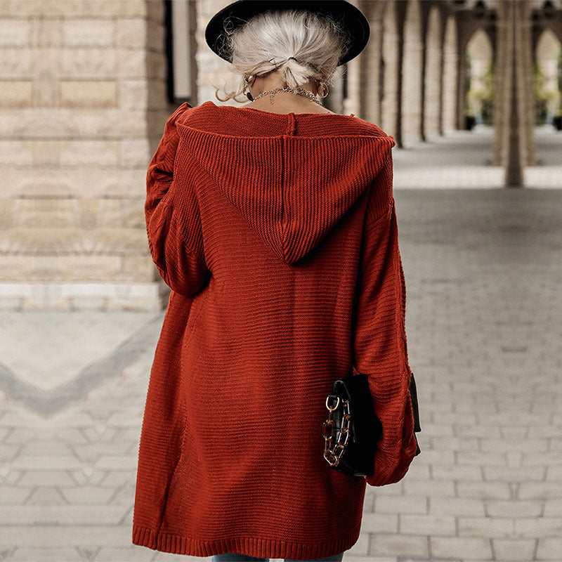 Otoño Invierno mujeres usan manga larga rojo con capucha suéter Cardigan abrigo