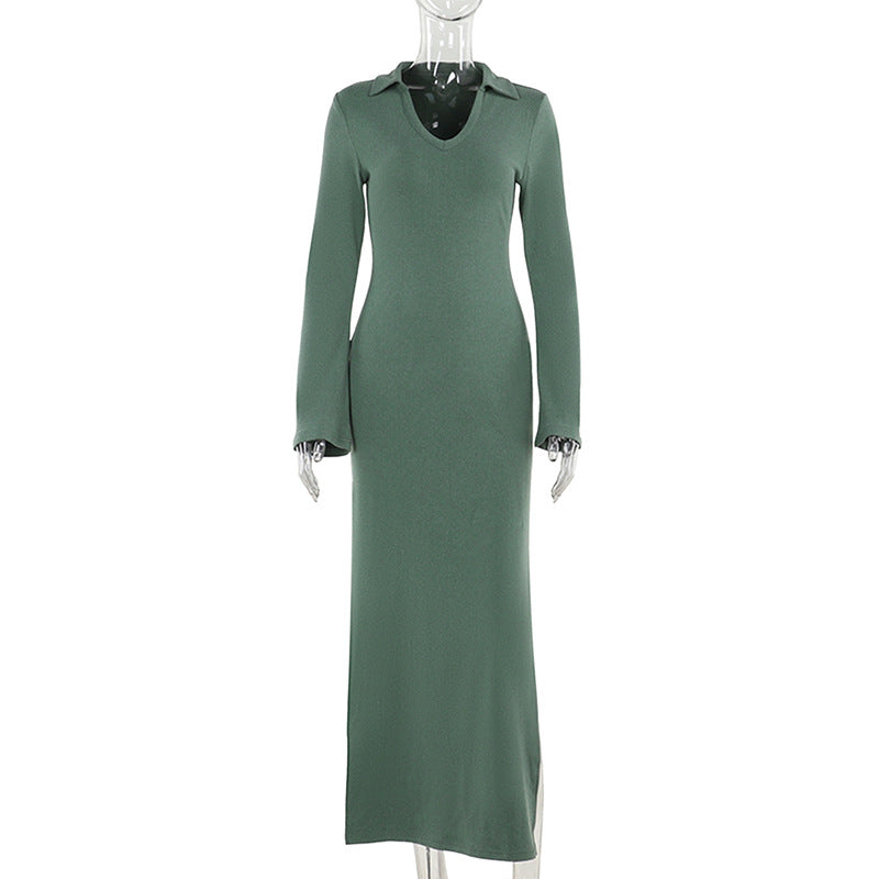 Robe de bureau d'automne slim col en V fendue à manches longues pour femmes