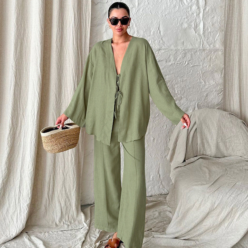 Autumn Cotton Breathable Green Long Sleeved Trousers Women Cardigan Pajamas Home Wear