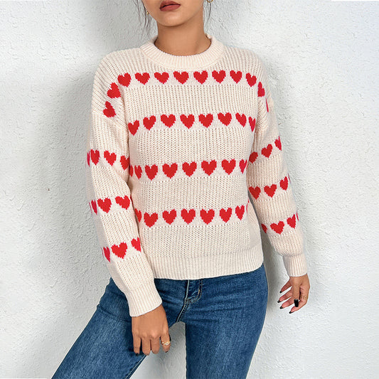 Spring Autumn Pullover round Neck Long Sleeves Knitted Sweater Women Love Jacquard Knitted Top