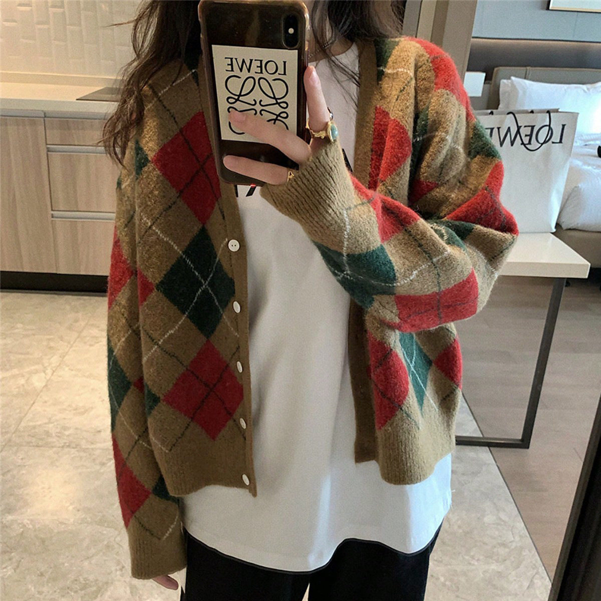 V Collar Contrast Color Rhombus Buckle Knitted Cardigan Autumn Winter Clothing Rhombus Retro Sweater Casual Coat for Women