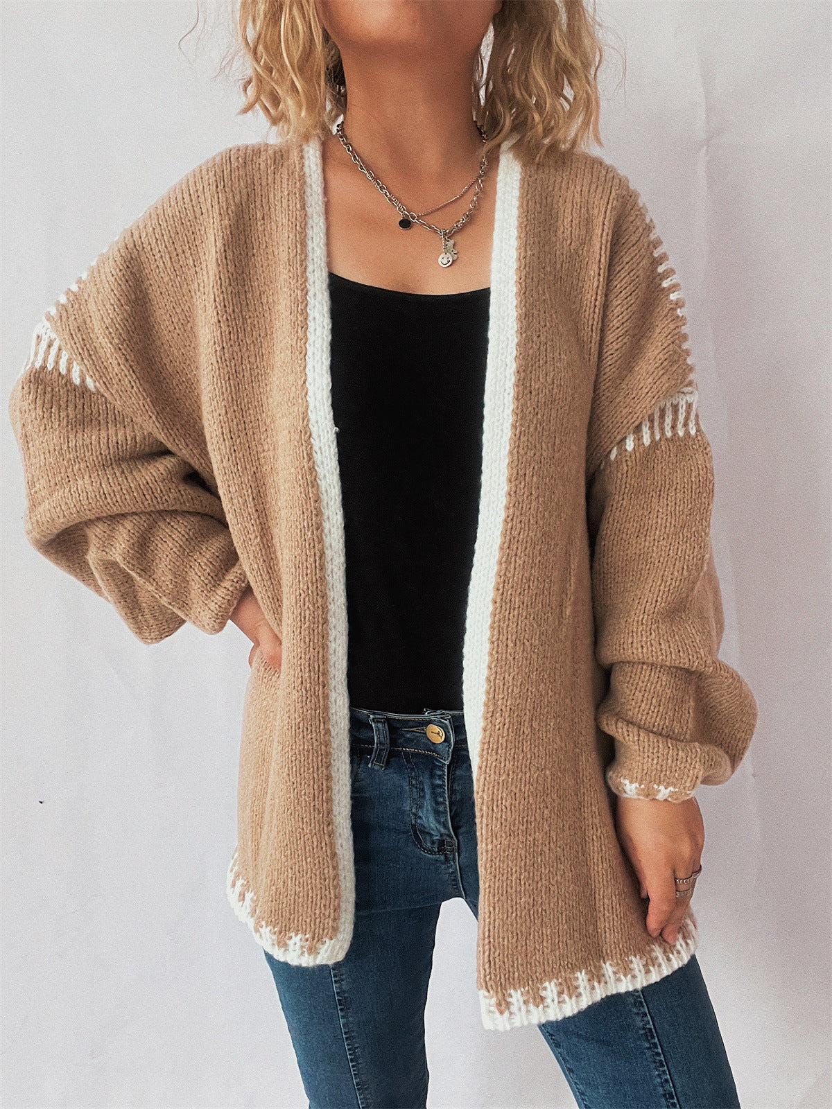 Sweater Women Outer Wear V neck Knitted Cardigan Loose Preppy Chic Contrast Color Early Autumn Coat