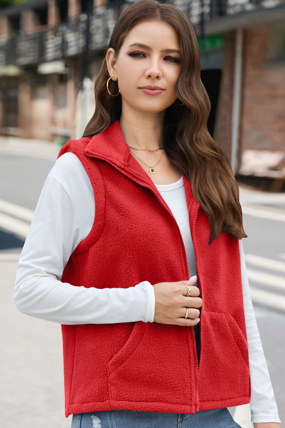 Women's Polar Fleece Zipper Collared Waistcoat