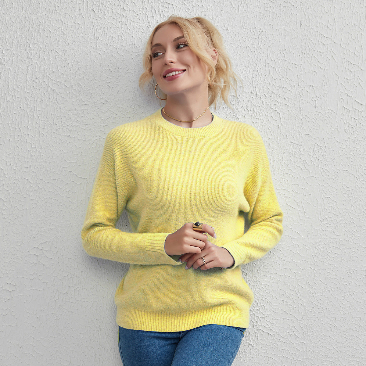 Automne hiver femmes vêtements col rond pull couleur unie pullover décontracté pull