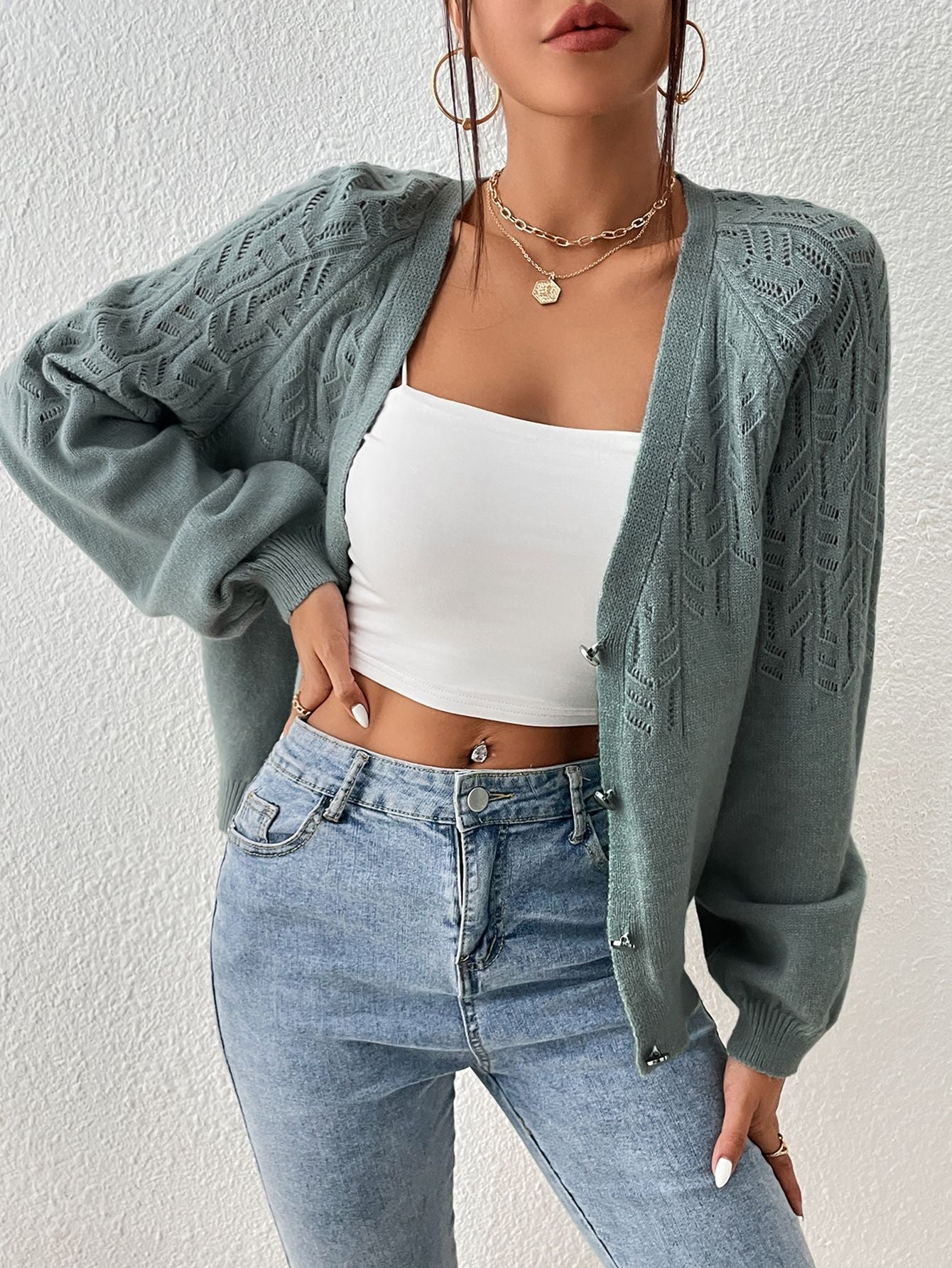 Geometric Abstract Pattern V Neck Cardigan Knitted Single Breasted Solid Color Sweater Women Long Sleeve Short Cardigan