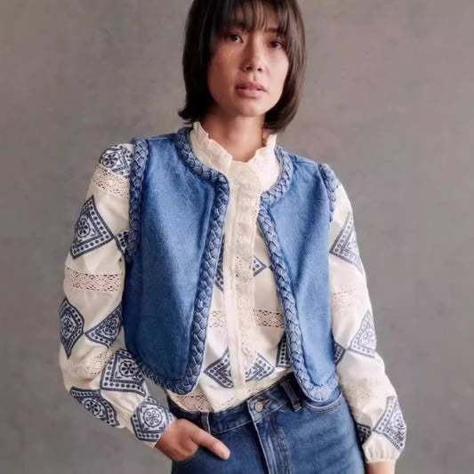 Gilet matelassé en denim à bordure tressée et torsadée pour l'automne et l'hiver