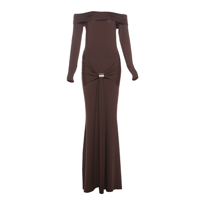 Women Clothing Autumn Winter off Shoulder Solid Color Long Sleeve Slim Sheath Dress Women