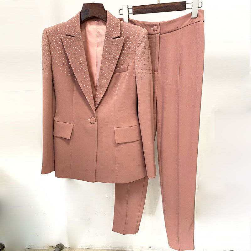 Star Rhinestone One Button Work Pant Blazer Two Piece Set