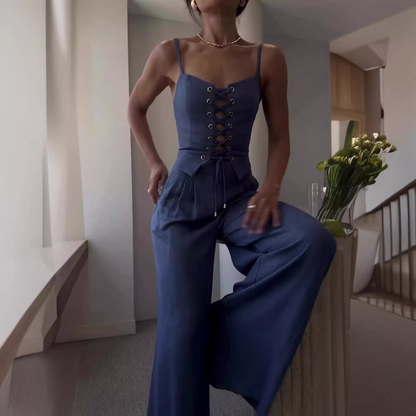 Summer Sexy Sexy Cutout Tied Top Casual Wide Leg Pants Suit