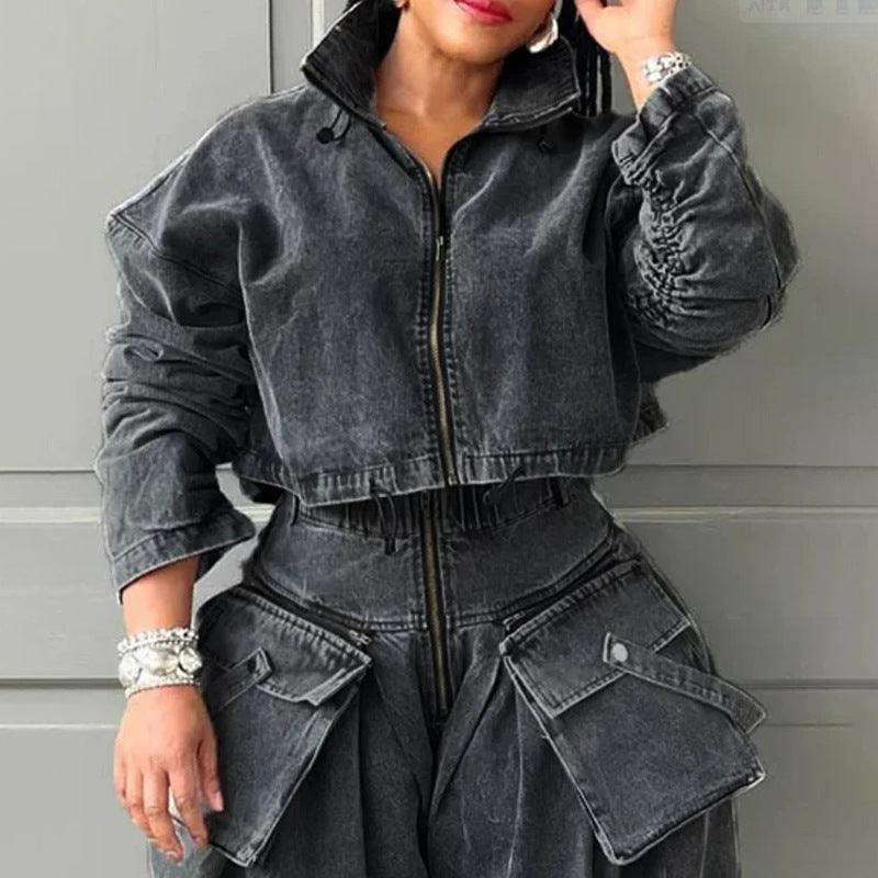 Autumn Niche Design Tooling Denim Coat Women Clothing High Waist Loose Slimming Short Jacket