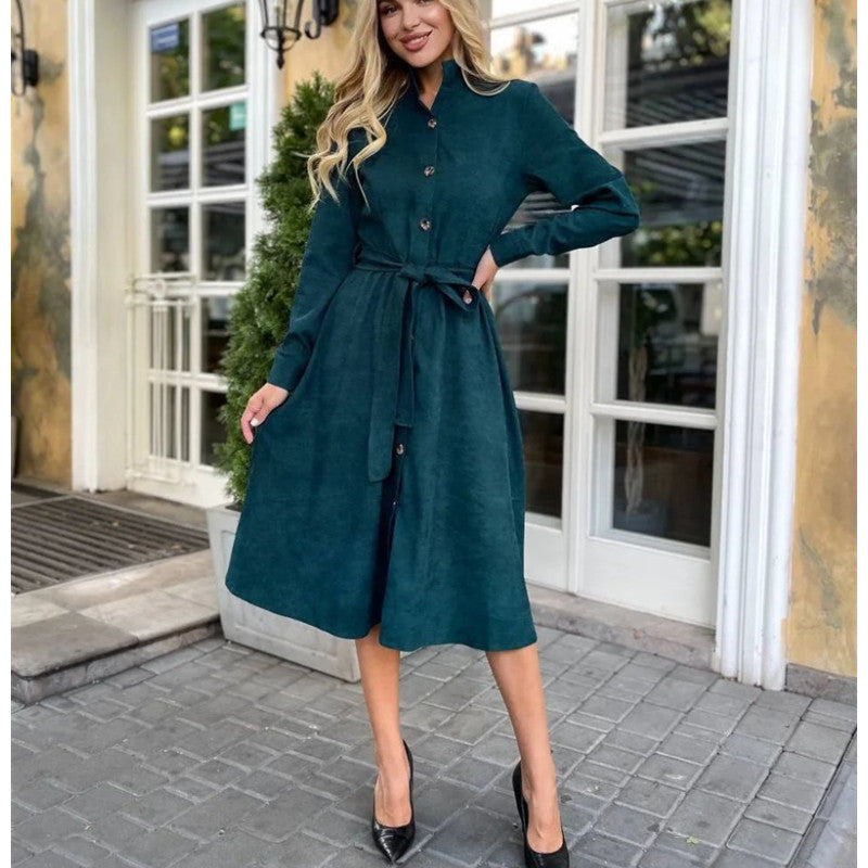 Vestido camisero con botones atados de color liso para mujer Otoño Invierno