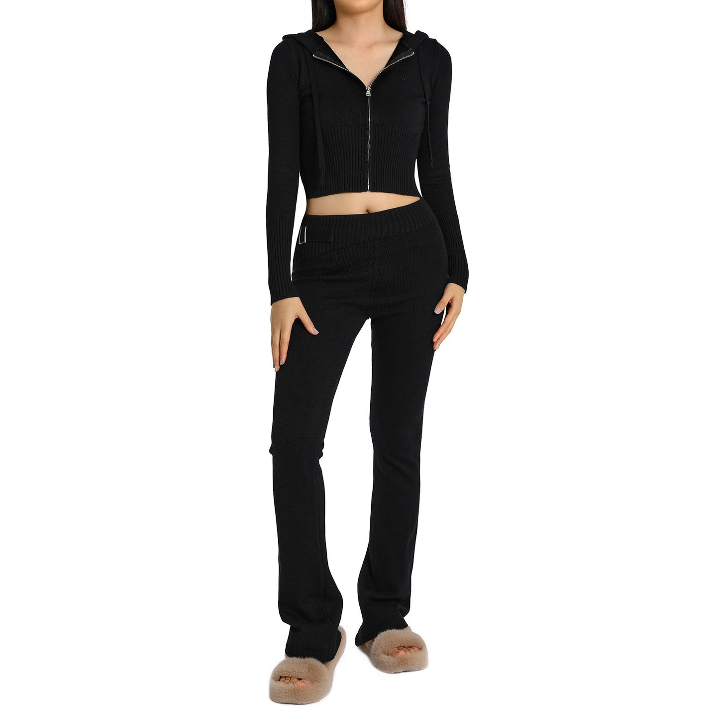 2pcs Knitted Hooded Suits Women's Long-sleeved Cardigan And High Waisted Trousers Clothing