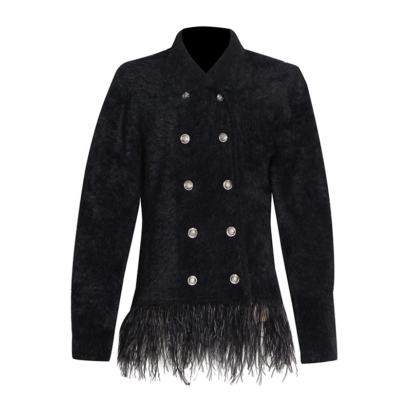 Classic Ostrich Feather Short Stitching Women Clothing Spring Double Breasted Personality Collared Straight Coat