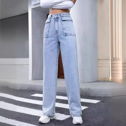 Women Clothing Straight Pocket High Waist Denim Trousers